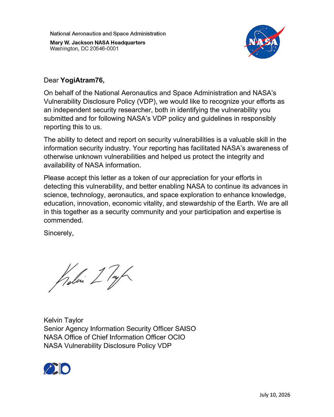 NASA VDP Acknowledgment Letter
